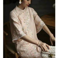 Summer Modified Loose Heavy Embroidery Han Chinese Clothing Cheongsam Lace-up Cheongsam Button Retro Slit Dress