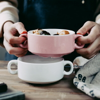 陶瓷雙耳粥碗蒸烤碗燉盅甜品碗沙拉碗家用湯碗湯羹碗布丁餐廳瓷盅