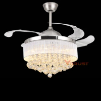 Fashion Crystal Ceiling Fan Chandelier Light Invisible Ceiling Fan Lamp for Dining Room Bedroom with Remote Control 36/42 Inch