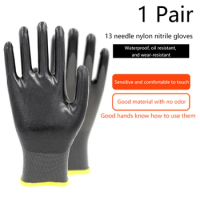 1 Pair Nitrile Work Gloves 13 Needle Breathable Nylon Liner Abrasion Resistant Level 4 Nitrile Coating On Palm Non-slip