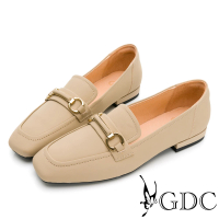【GDC】韓系基本金屬釦舒適平底真皮樂福鞋-米色(224460-14)