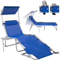 Folding Chaise Lounge Chair with Adjustable Back Portable Patio Lounge Chair with Canopy Heavy-Duty Camping Reclining Lounge