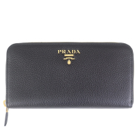 PRADA 金字黑色粒紋牛皮拉鍊長夾款(12卡)