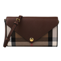 BURBERRY 巴寶莉  HANNA 格紋布拼接皮革信封式暗釦斜背包(卡其x駝)mini