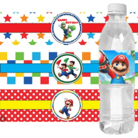 6pcs Super Mario Theme Water Bottle Sticker Wedding Baptism Communion Baby Shower Birthday Party Gift Label Anniversary Decorate