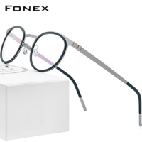 FONEX Acetate Alloy Glasses Frame Men Women Vintage Round Frames Eyeglasses Screwless Eyewear 98625