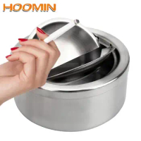 HOOMIN Cigarette Ashtray With Lid Ash Storage Case Smoking Accessories Windproof Round Stainless Steel