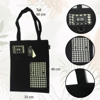 Tas Wanita Totebag Bahan Canvas Premium Hitam Houndstooth - Tas Jinjing Tote Bag Kanvas Cewek Aesthe