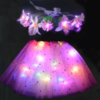 Girl Women Flower Light Up Star Tutu Led Skirt Glow Headband Wreath Party Gift Birthday Costume Christmas navidad