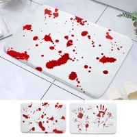 Bloody Footprint Bath Mat Washable, Halloween Non Slip Absorbent Scary Blood Stains Bloody Fingerprints Door Mats Decor Supplies