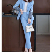 Tesco Casual Women Suit 2 Piece Long Sleeve Print Blazer Pencil Pants For Office Professional Women's Suit Fashion Suit