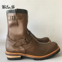 Black&amp; Street High Top quality handmade vintage Motorcycle boots Goodyear buckle strap genuine leather military Chukka Boots
