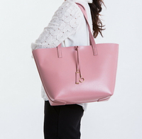 【le Lufon】 粉紅色荔枝紋皮革輕巧實用感大容量簡約設計兩用子母肩背包　托特包(L) 肩背包/手提包/手拿小包（粉紅／粉紫／灰色三色）