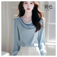 【初色】韓版純色修身緞面圓領盪領長袖襯衫上衣女上衣-淺藍色-10267(M-2XL可選)