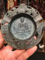 日本回流老銅器，老銅精雕煙灰缸，上百年的銅包漿，雕工精湛，佛