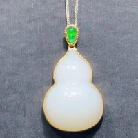 Loket Labu Jade Putih Xinjiang Hetian dengan Corak Air Sungai dan Hiasan Emas 18K