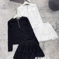 Élan- Set Thể Thao Nữ Zipper Mix Chân Váy Tầng 2 Màu Đen Trắng