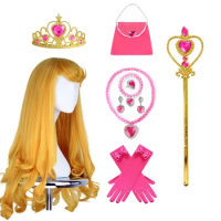 Cute Girls Aurora Cosplay Accessories for Kids Princess Role Play Dress Up Props Auroa Wig Yellow Gold Long Curly Girls Wig