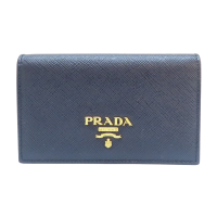 【二手名牌BRAND OFF】PRADA 普拉達 藍黑色 牛皮 雙折 扣式 卡夾 名片夾