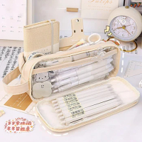 Portable Double-layer Transparent Pen Bag Box Stationery Aesthetic School Cases Pencil Pouch Utilities Cute Pencilcase Girls