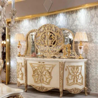 European luxury solid wood dining cabinet mirror gold foil log carving flower Barlow Italian painting storage door cabinet