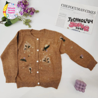 Kids Knit Cardigan Jaket Rajut Sweater Anak Perempuan 3d Embroidery Sulaman Timbul - Brown