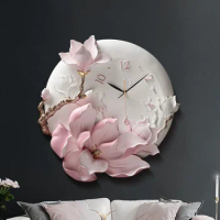 Living Room Decoration Ceramic Resin Flower Embossed Home Wall Clock Bedroom Creative Wall Mirror Sticker Fashion Art Watch