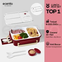 ecentio lunch box plastik anti tumpah 800ml sekat 3 dengan sendok sumpit free kotak sauce kecil - Re