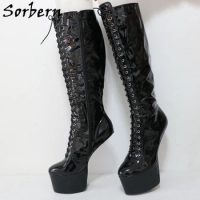 Sorbern Black Heelless Women Boots Unisex Style Knee High Boot For Drag Queen Shoes Custom Multi Size Eu33-48
