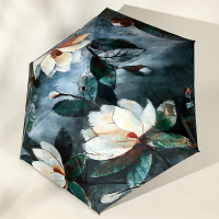 百盛洋傘五折疊傘小巧便攜復古水墨畫荷花朵夏天黑膠傘防雨遮陽傘