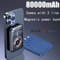 Hot 80000mAh Magnetic Power Bank Super Fast Charging 10W Wireless Charging PD 20W Mobile Portable Battery with Three-Wire Stand