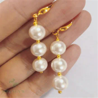 8mm White Shell Pearl Earring Gold Hook Tassel Ear Drop Dangle Classic Luxury Irregular Flawless Women Aurora
