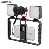 Andoer สมาร์ทโฟน Video Rig Grip พร้อม Shock Mount พร้อม Rig Dual LED Light ไมโครโฟนสำหรับ Vlog ฟิล์มทำ
