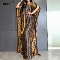 WINYI New Style Silk loose African Women Clothing Dubai Muslim Dashiki kaftan Retro print Design With Scarf Loose beach dress