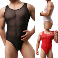 Men Leotard Sissy Solid Breathable Transparent Elastic Bodysuit Sheer Jockstrap Bulge Pouch Lingerie Underwear
