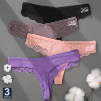 FINETOO 3PCS/Set Women Cotton G-string S-XL Lingerie Panties Thongs Femme Underwear Sexy Pantys Underpant Lace Intimates Panty
