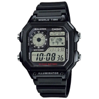 【CASIO 卡西歐】學生錶 10年電力復古風世界地圖計時手錶-黑(AE-1200WH-1A)