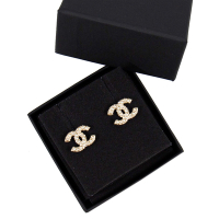 CHANEL 針式耳環 經典雙C 大小珍珠 淡金
