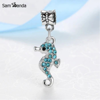 New Silver Plated Bead Charm Ocean Life Sea Horse Pendant Charms Crystal Fit Bracelets Women DIY Fashion Jewelry