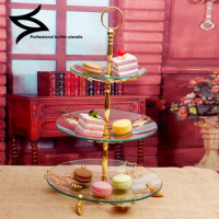 Double-layer luxury metal glass cake buffet dessert tray wedding dinner plate party serving dish plates sets snacks stand rack