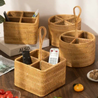 With Rattan Ornament Controller Remote Food Basket Home Handwoven Cell Organizer Boxes Phone Storage Box Office Container Handle