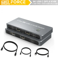KVM Switch Dual Monitors 2 Laptop with USB-C to DP1.4 Video Output 8K60Hz 4K@144Hz DisplayPort Monitor with 3xUSB3.0 Data HUB