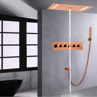 Modern Rose Gold Pressure Shower Head Thermostatic LED Shower Set Bathroom Waterfall Handheld