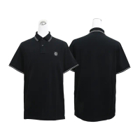 【Stone Island】Stone Island 羅盤補丁LOGO條紋領圍設計雙釦棉質混紡短袖POLO衫(男款/黑)