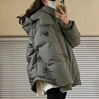 Gery Down Cotton Jacket Women Hooded Parkas 2023 Winter Padded Coat Thick Warm Love Embroidery Loose Puffer Female Snow Outwear