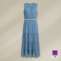 ILEY伊蕾 浪漫飄逸緹織圖樣雪紡無袖長洋裝(藍色；M-XL)1232017526