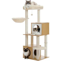 PAWZ Road Large Cat Tree, 51 Inches Wooden Cat Tower with Double Condos, Large Perch,Soft Hammock