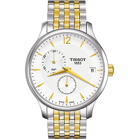 TISSOT 天梭 官方授權 Tradition GMT 二地時區經典腕錶 送禮推薦-銀x雙色版/42mm T0636392203700