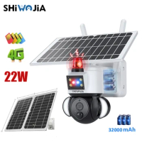SHIWOJIA 4G SIM Card Solar Camera 4X Zoom 22W Solar Pane Outdoor Security Surveillance 32000mA Batterys Garden Lights CCTV