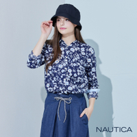 Nautica女裝 時尚休閒花卉動物圖騰長袖襯衫-藍色
